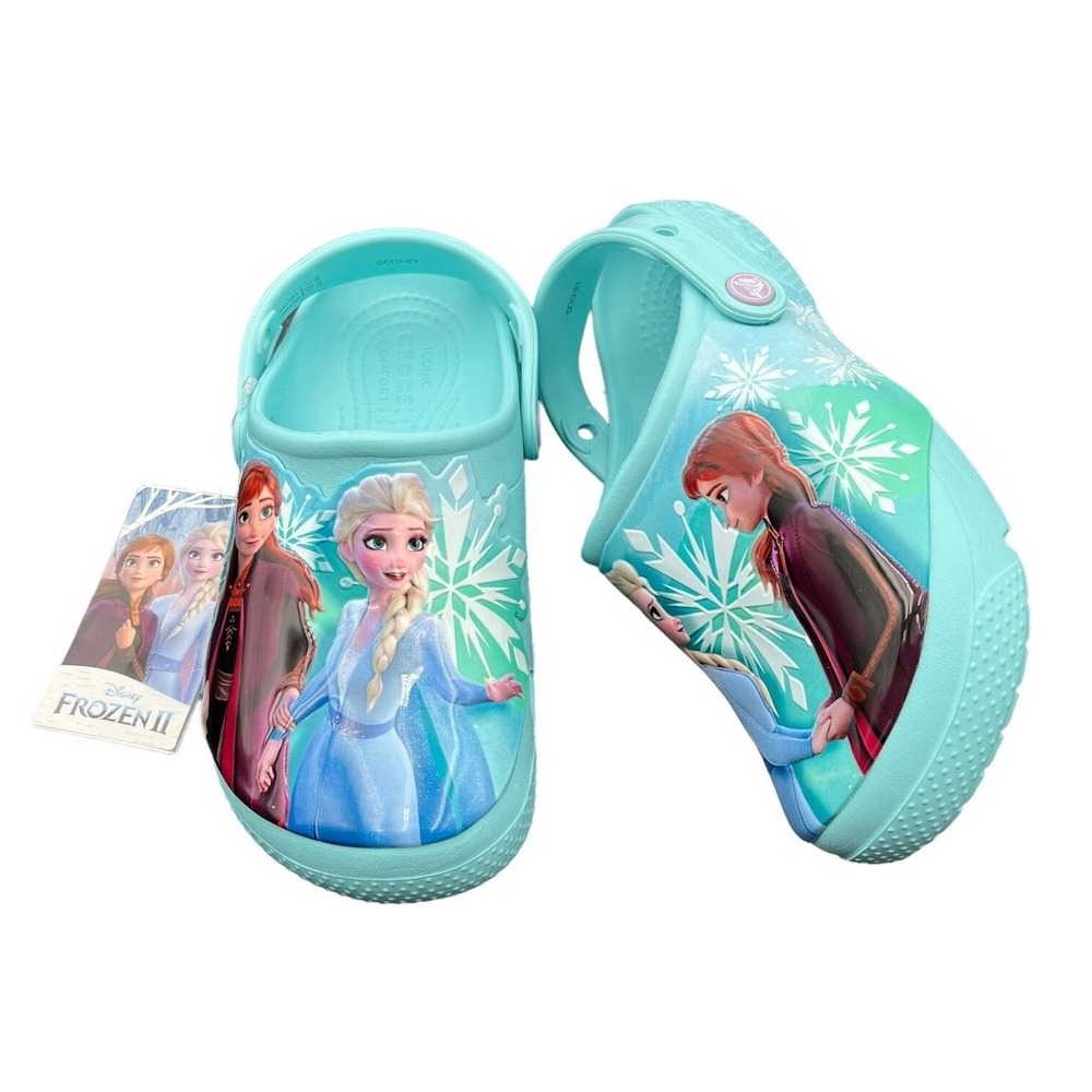 Crocs Disney Frozen‎ 2 Youth Girls Slip on Clogs Size 2 (J2) Ice Blue-Multi